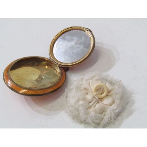 55 - VICTORIAN CAMEO BROOCH & ENAMEL COMPACT, cameo brooch, the central oval panel decorated the 3 Graces... 