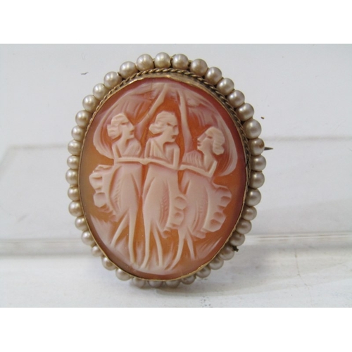 55 - VICTORIAN CAMEO BROOCH & ENAMEL COMPACT, cameo brooch, the central oval panel decorated the 3 Graces... 