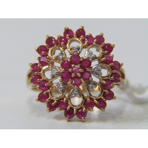 62 - RUBY & DIAMOND CLUSTER RING, 9ct yellow gold ring set an impressive ruby and diamond cluster, 18mm s... 