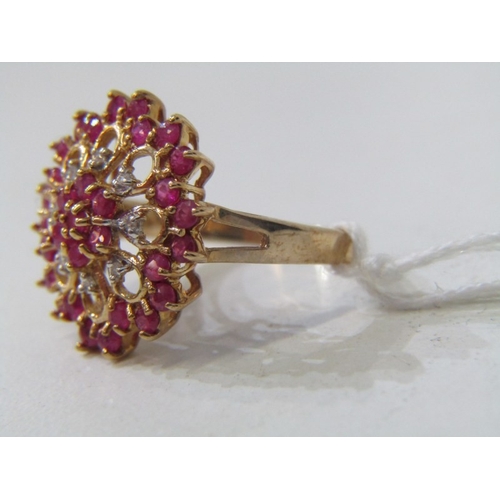 62 - RUBY & DIAMOND CLUSTER RING, 9ct yellow gold ring set an impressive ruby and diamond cluster, 18mm s... 