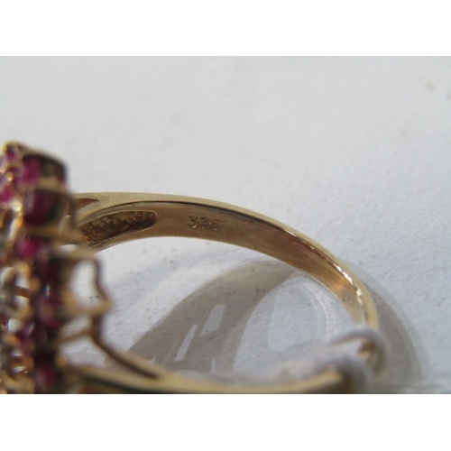 62 - RUBY & DIAMOND CLUSTER RING, 9ct yellow gold ring set an impressive ruby and diamond cluster, 18mm s... 