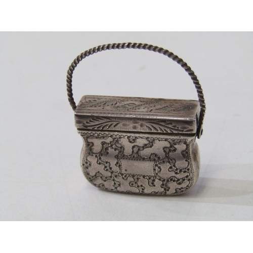 7 - NOVELTY GEORGIAN SILVER VINAIGRETTE, in the form of a miniature handbag with engraved decoration to ... 