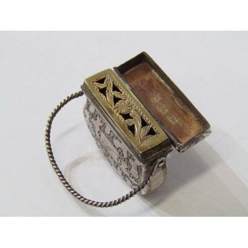 7 - NOVELTY GEORGIAN SILVER VINAIGRETTE, in the form of a miniature handbag with engraved decoration to ... 
