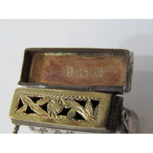 7 - NOVELTY GEORGIAN SILVER VINAIGRETTE, in the form of a miniature handbag with engraved decoration to ... 