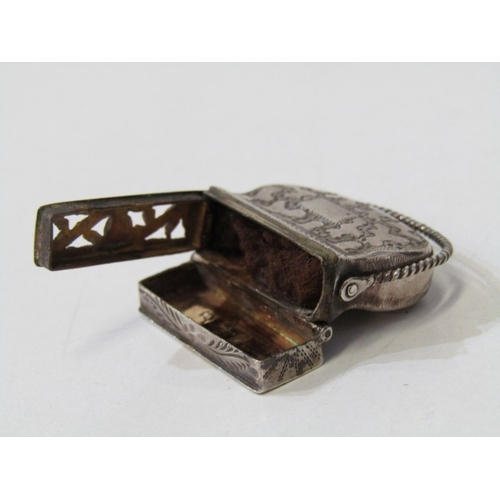 7 - NOVELTY GEORGIAN SILVER VINAIGRETTE, in the form of a miniature handbag with engraved decoration to ... 