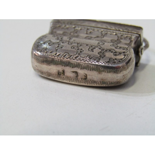 7 - NOVELTY GEORGIAN SILVER VINAIGRETTE, in the form of a miniature handbag with engraved decoration to ... 