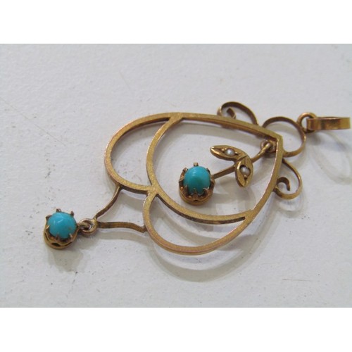 60 - ART NOUVEAU AND VICTORIAN JEWELLERY, 9ct gold bar brooch set turquoise and pearls, with fitted safet... 