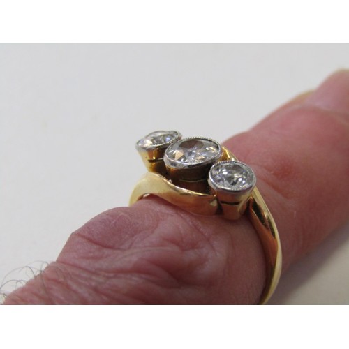 38 - 3 STONE DIAMOND RING, 18ct yellow gold ring, set 3 graduated round brilliant cut diamonds in a cross... 