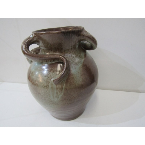 10 - WESUMA POTTERY VASE, a Wesuma (Western Super-Mare) pottery vase with 3 turned handles on a royal blu... 