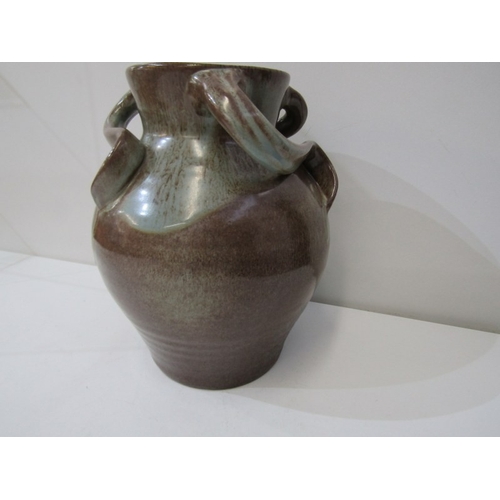 10 - WESUMA POTTERY VASE, a Wesuma (Western Super-Mare) pottery vase with 3 turned handles on a royal blu... 