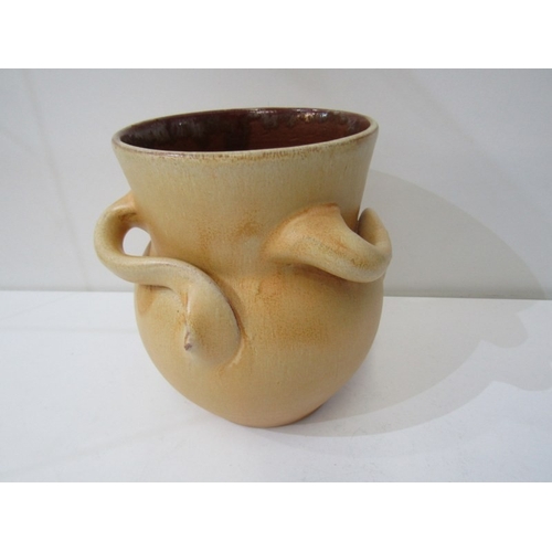 10 - WESUMA POTTERY VASE, a Wesuma (Western Super-Mare) pottery vase with 3 turned handles on a royal blu... 