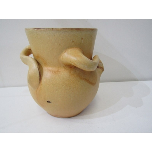 10 - WESUMA POTTERY VASE, a Wesuma (Western Super-Mare) pottery vase with 3 turned handles on a royal blu... 