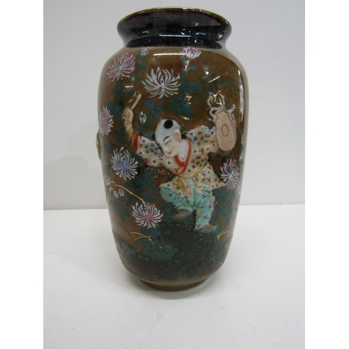 11 - ORIENTAL VASES, a pair of Japanese pottery vases with hand painted figures in relief on a floral and... 