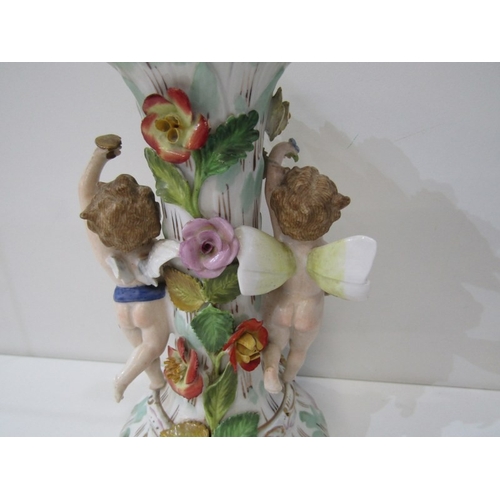 13 - DRESDEN PORCELAIN, a 19th century Dresden porcelain centrepiece base, depicting cherubs either side ... 