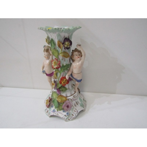 13 - DRESDEN PORCELAIN, a 19th century Dresden porcelain centrepiece base, depicting cherubs either side ... 