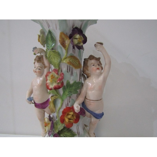 13 - DRESDEN PORCELAIN, a 19th century Dresden porcelain centrepiece base, depicting cherubs either side ... 