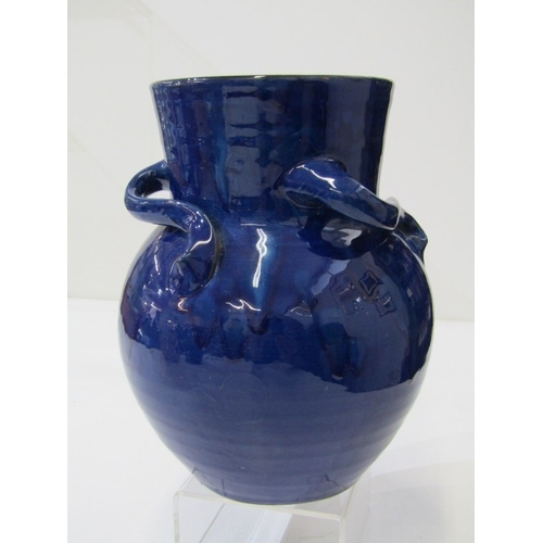 10 - WESUMA POTTERY VASE, a Wesuma (Western Super-Mare) pottery vase with 3 turned handles on a royal blu... 