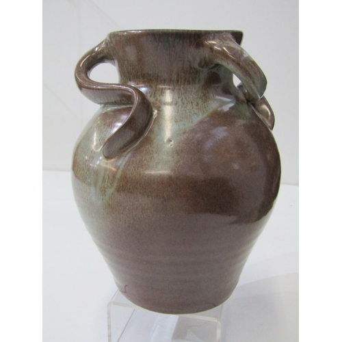 10 - WESUMA POTTERY VASE, a Wesuma (Western Super-Mare) pottery vase with 3 turned handles on a royal blu... 