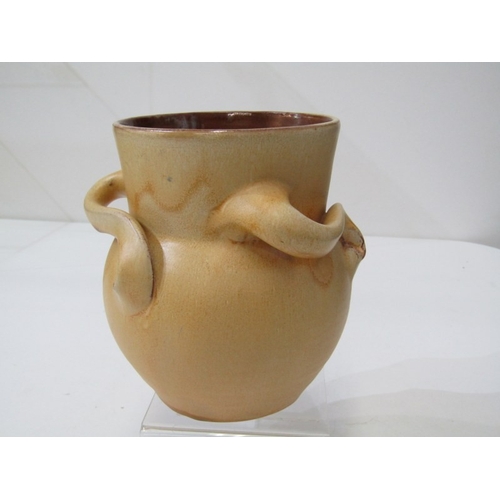 10 - WESUMA POTTERY VASE, a Wesuma (Western Super-Mare) pottery vase with 3 turned handles on a royal blu... 