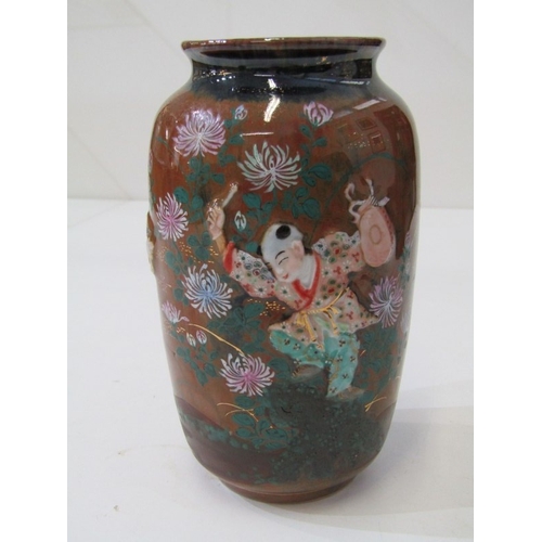 11 - ORIENTAL VASES, a pair of Japanese pottery vases with hand painted figures in relief on a floral and... 