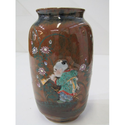 11 - ORIENTAL VASES, a pair of Japanese pottery vases with hand painted figures in relief on a floral and... 