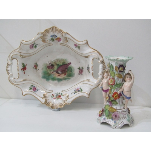 13 - DRESDEN PORCELAIN, a 19th century Dresden porcelain centrepiece base, depicting cherubs either side ... 