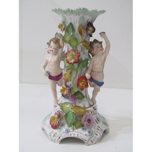 13 - DRESDEN PORCELAIN, a 19th century Dresden porcelain centrepiece base, depicting cherubs either side ... 