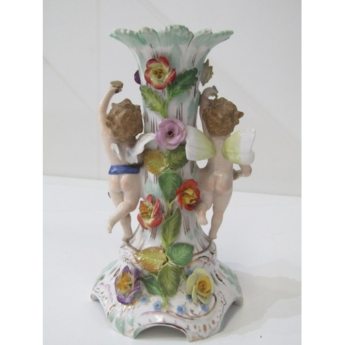 13 - DRESDEN PORCELAIN, a 19th century Dresden porcelain centrepiece base, depicting cherubs either side ... 