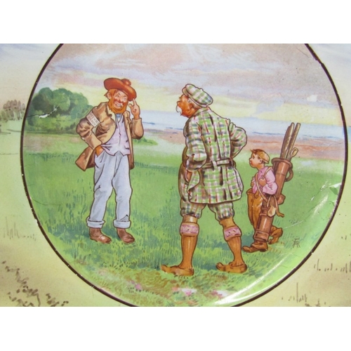 27 - GOLFING, a pottery plate c.1900 depicting a comical   golfing scene, titled 'Carry your Caddy, Sir?'... 