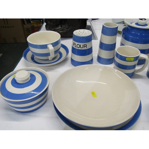 30 - CORNISH KITCHEN WARE, a T G Green Cornish blue and white banded storage jar and cover, 16cm height, ... 