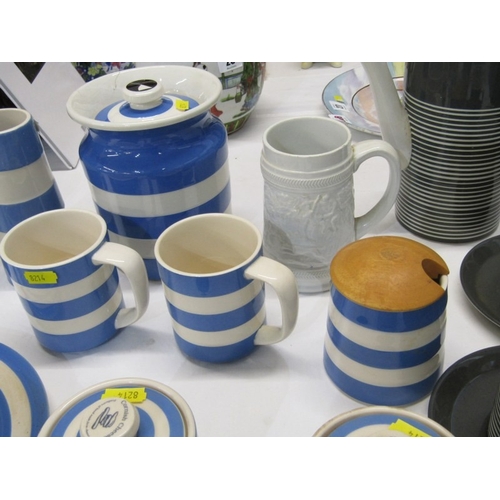 30 - CORNISH KITCHEN WARE, a T G Green Cornish blue and white banded storage jar and cover, 16cm height, ... 