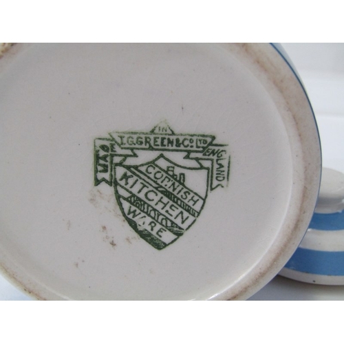 33 - CORNISH KITCHEN WARE, a Cornish blue and white banded mixing bowl with green shield mark to base, 26... 