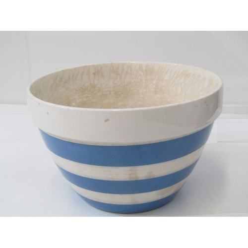 33 - CORNISH KITCHEN WARE, a Cornish blue and white banded mixing bowl with green shield mark to base, 26... 