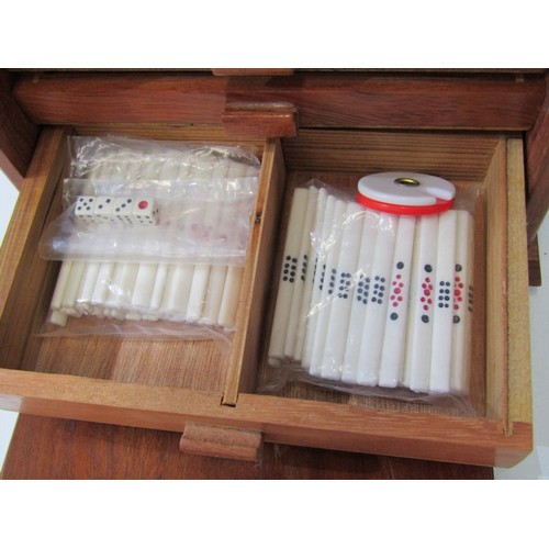 53 - MAH JONG SET, a vintage mah jong set, pieces and strips contained in 5 wooden drawers, in a wood and... 