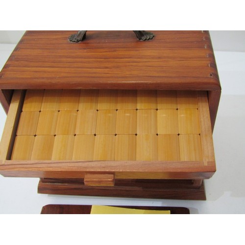 53 - MAH JONG SET, a vintage mah jong set, pieces and strips contained in 5 wooden drawers, in a wood and... 