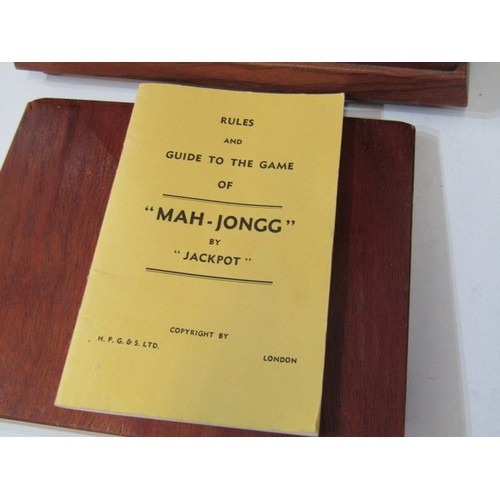 53 - MAH JONG SET, a vintage mah jong set, pieces and strips contained in 5 wooden drawers, in a wood and... 