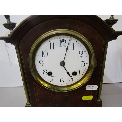 7 - EDWARDIAN MANTEL CLOCK, an Edwardian inlaid mahogany mantel clock, the front with 2 thin brass colum... 