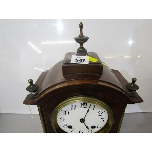 7 - EDWARDIAN MANTEL CLOCK, an Edwardian inlaid mahogany mantel clock, the front with 2 thin brass colum... 