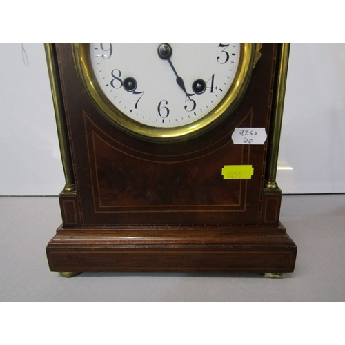 7 - EDWARDIAN MANTEL CLOCK, an Edwardian inlaid mahogany mantel clock, the front with 2 thin brass colum... 