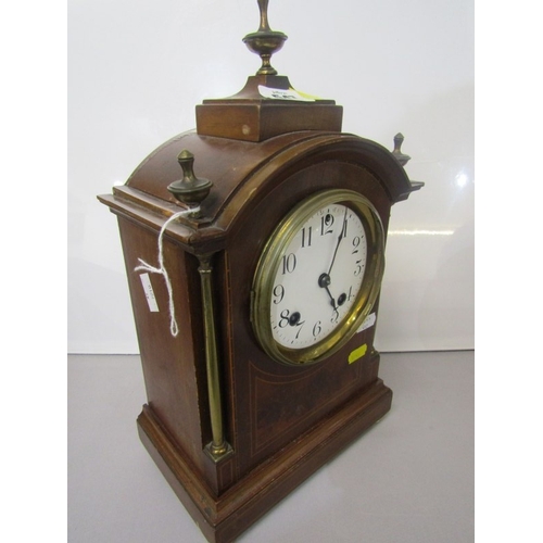 7 - EDWARDIAN MANTEL CLOCK, an Edwardian inlaid mahogany mantel clock, the front with 2 thin brass colum... 