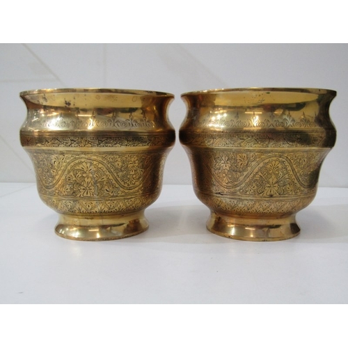 ANTIQUE INDIAN BRASS POTS,  pair of Indian/Kashmir/Minakaris antique brass urns, with inlaid floral scrolling decoration, each 14cm height