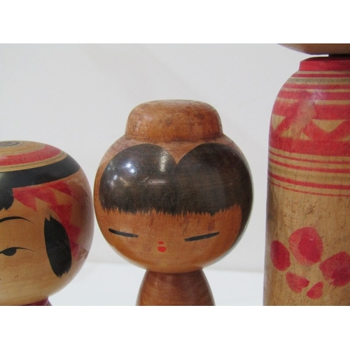 5 - KOKESHI WOODEN DOLLS, collection of 5 assorted Kokeshi doll figures, tallest 30cm, another in red fa... 