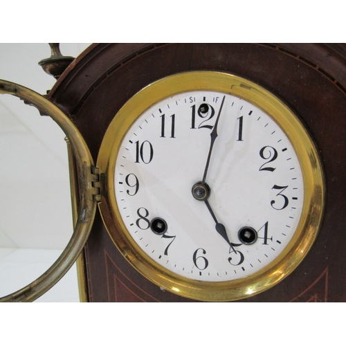 7 - EDWARDIAN MANTEL CLOCK, an Edwardian inlaid mahogany mantel clock, the front with 2 thin brass colum... 