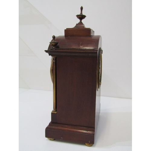 7 - EDWARDIAN MANTEL CLOCK, an Edwardian inlaid mahogany mantel clock, the front with 2 thin brass colum... 