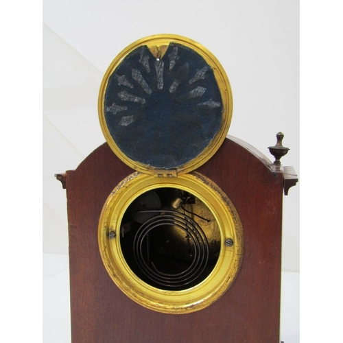 7 - EDWARDIAN MANTEL CLOCK, an Edwardian inlaid mahogany mantel clock, the front with 2 thin brass colum... 
