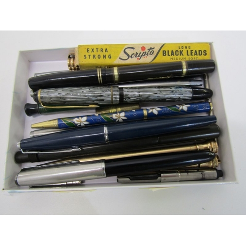 FOUNTAIN PENS AND PROPELLING PENCILS, a box containing approx 15 assorted pens and pencils including Mont Blanc with gold nib, 2 others with gold nibs and 5 other fountain pens including Parker, plated propelling pencils etc