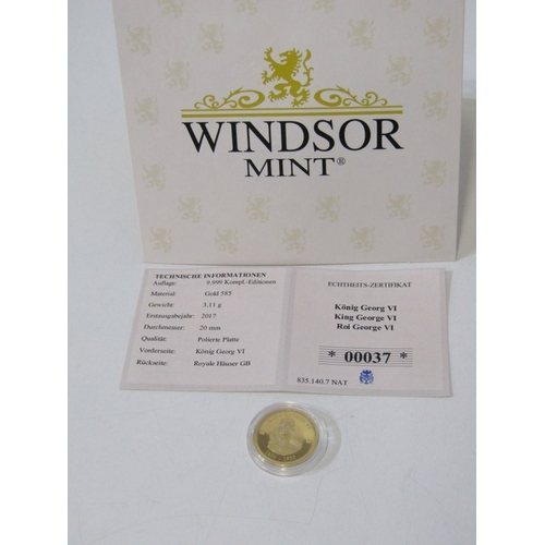 11 - 2017 GOLD PROOF medallion ‘King George VI’ capsuled in Windsor Mint envelope with CoA.  3.11 grams o... 