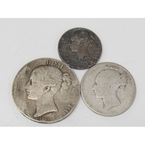 15 - VICTORIAN SILVER, 1844 crown, 1881 half crown and 1897 Diamond Jubilee medallion. 51 gms approx