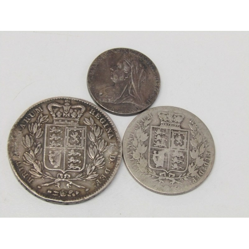 15 - VICTORIAN SILVER, 1844 crown, 1881 half crown and 1897 Diamond Jubilee medallion. 51 gms approx