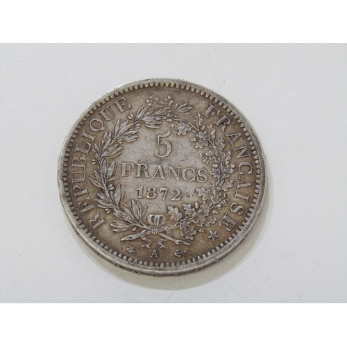 32 - SILVER FRANCS 1872 A France ‘Hercules Group’ silver 5 francs in higher grade, 25 grams of .900 finen... 